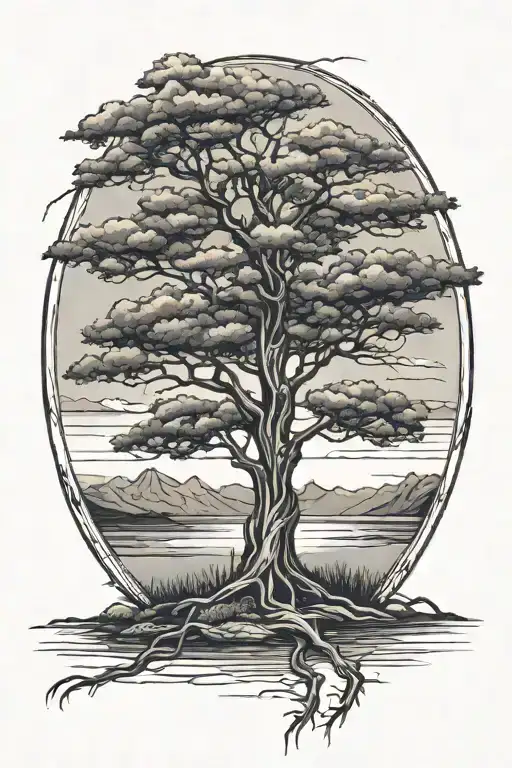 A serene landscape with a solitary tree standing tall, representing the beauty of solitude and self-reflection tattoo design idea