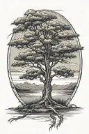 A serene landscape with a solitary tree standing tall, representing the beauty of solitude and self-reflection tattoo design idea