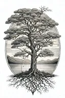 A serene landscape with a solitary tree standing tall, representing the beauty of solitude and self-reflection tattoo design idea