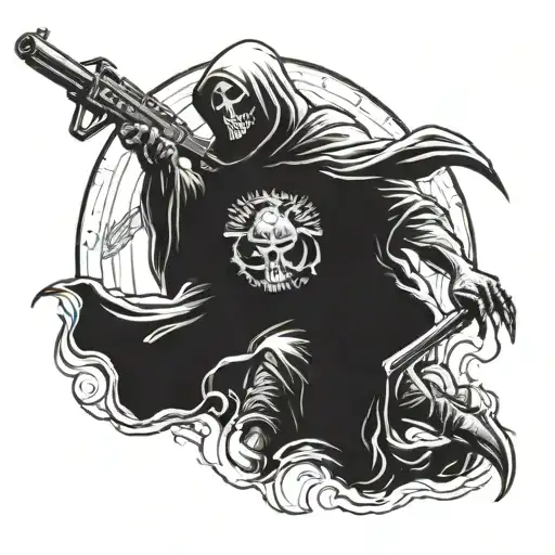 a reaper over battlefield with dead bodies and a united states marine soldier  tattoo design idea
