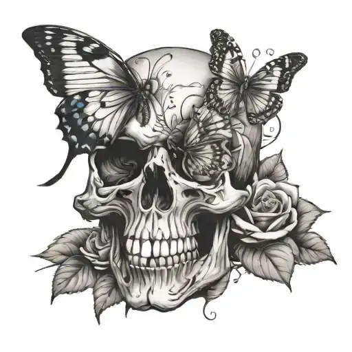 skull with butterfly emerging from eye and roses tattoo design idea