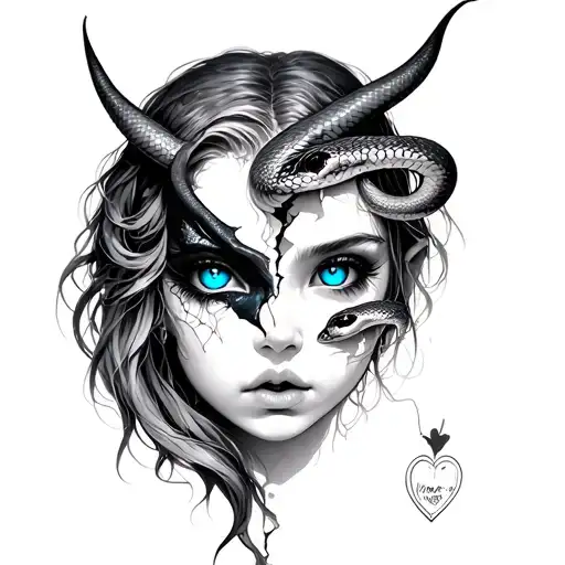 demon girls head half face buitiful blue eyes snake broken heart tattoo design idea