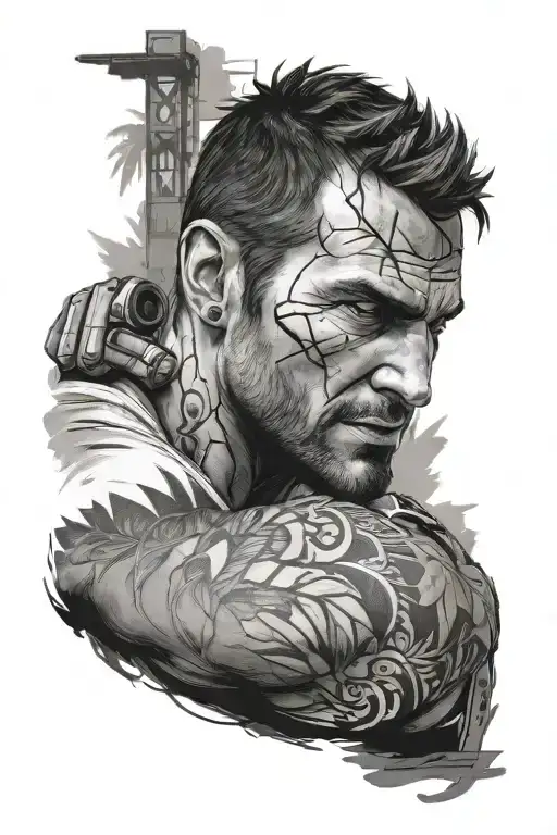 jason brody tatoo far cry 3 dead inside, tattoo on the sleeve around, from small details, detailed, out of the game tattoo design idea
