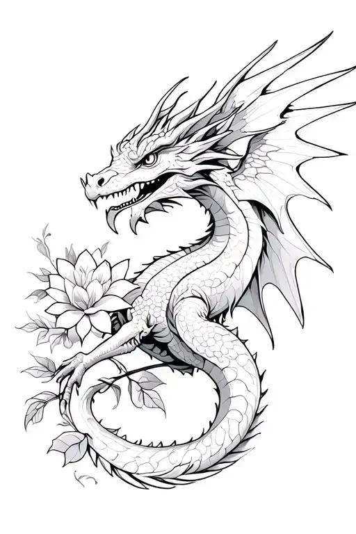 A dragon with wings and flowers in the background tattoo design idea