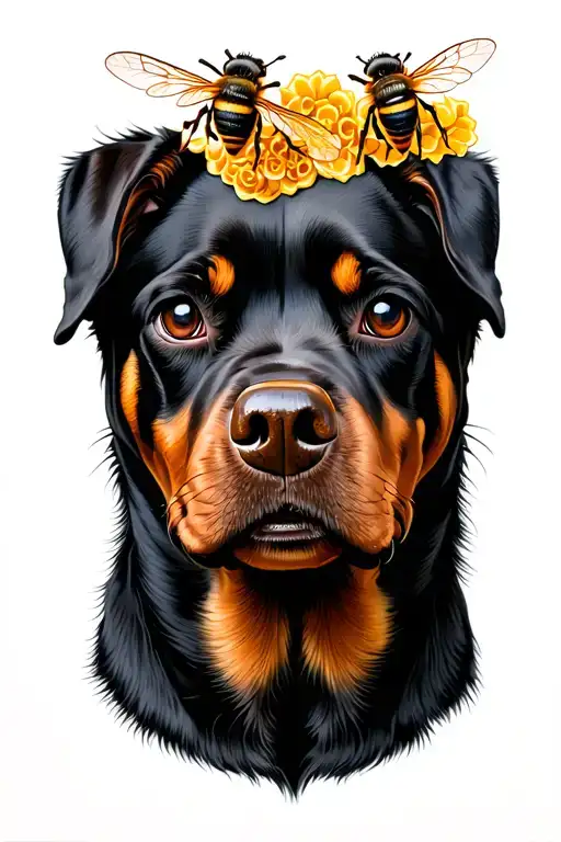 Rottweilers eyes and eyebrows with a honey bee incorporated tattoo design idea