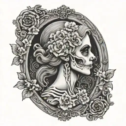 female skeleton cameo with Victorian frame tattoo design idea