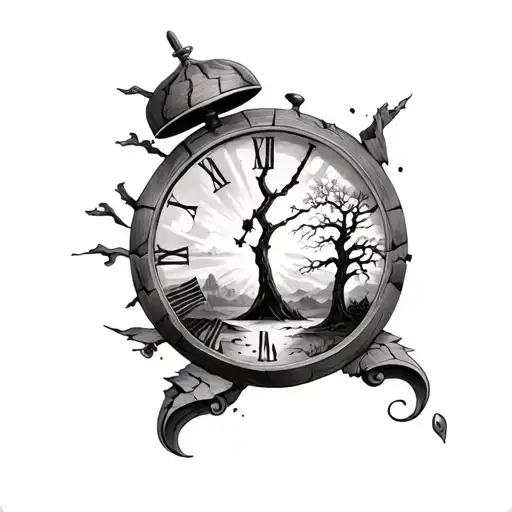A tattoo combining symbols of a broken family and solitude, with a broken clock and a lone tree in a barren landscape tattoo design idea