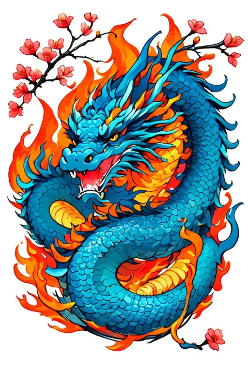 Blue Japanese dragon coiling through orange flames, framed by a few red cherry blossoms and branches. tattoo design idea