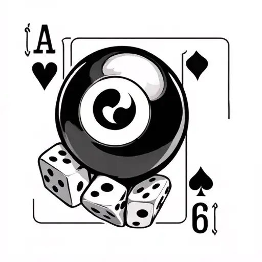 eight ball with dice and playing cards in a royal flush tattoo design idea