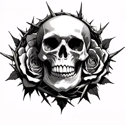 skull rose crown of thorns tattoo design idea