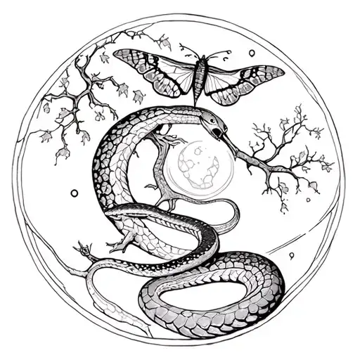 A snake eating its tail, creating a circle with a tree and Luna moth inside. the phases of the moon surround the outside tattoo design idea