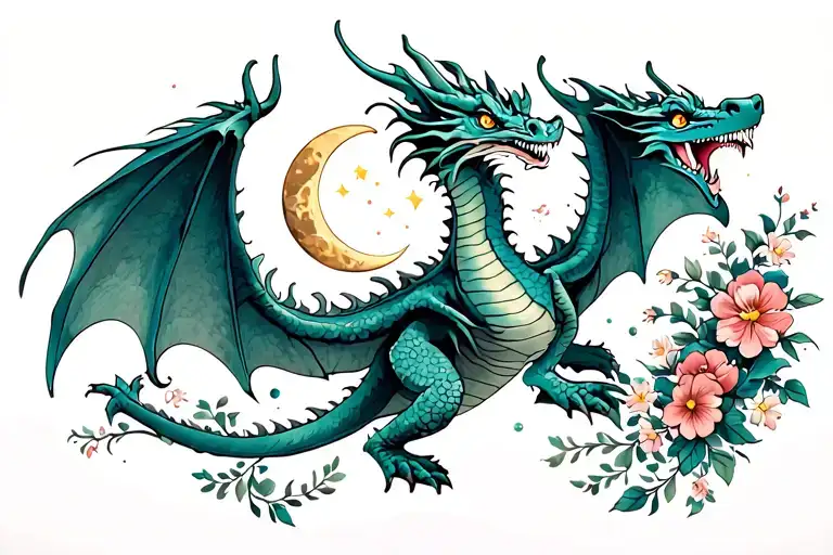 Dragon flying with spread wings looking up at a crescent moon and flowers on the left and right feminine tattoo design idea