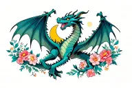 Dragon flying with spread wings looking up at a crescent moon and flowers on the left and right feminine tattoo design idea