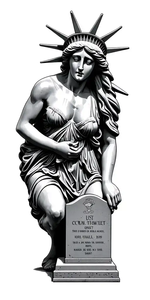 stature of liberty crying as she looks down a US Marine on one knee with his head bowed and hand placed on a headstone tattoo design idea