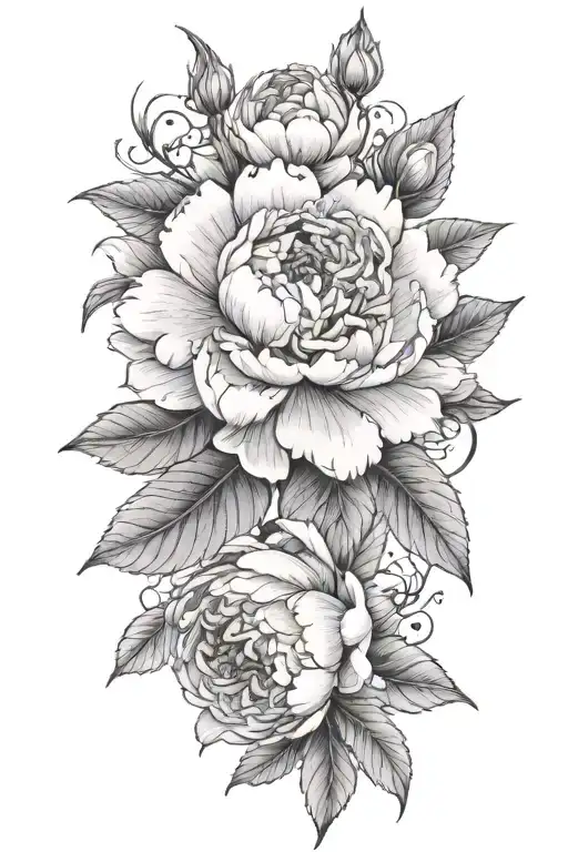 Flower, leaves, peony, buds, berry clusters, detailed petals, line work, shading, black and gray, forearm, floral arrang tattoo design idea