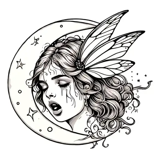 crying fairy on moon tattoo design idea