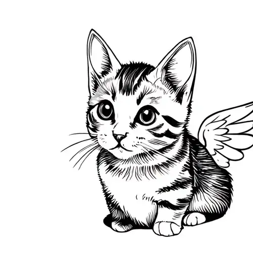 Kitten black cat with tiny horns and tiny wings dark fantasy style fine line  tattoo design idea