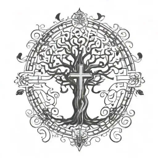 A stylized family tree intertwined with musical notes and a holy cross tattoo design idea