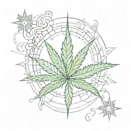 A sketch of a marijuana leaf intertwined with a compass rose, symbolizing the client's love for weed and travel tattoo design idea