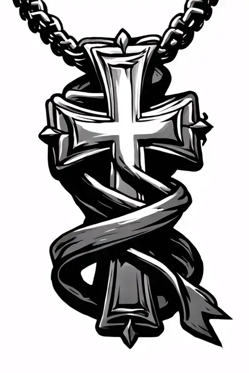 big cross wit necklace wrapped around it small cross  tattoo design idea