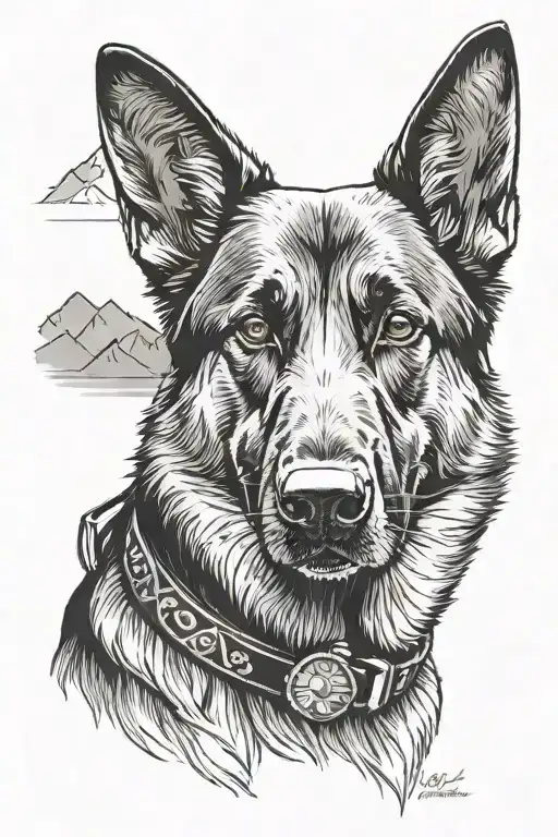 A detailed black and grey portrait of a german shepherd wearing a diabetes alert bracelet, with a mountain landscape in the background tattoo design idea