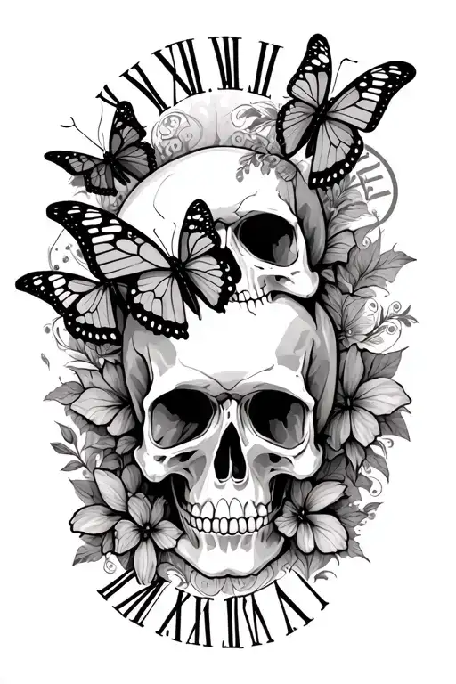 Roman numeral date March 9th 2023. add butterflies and skulls tattoo design idea