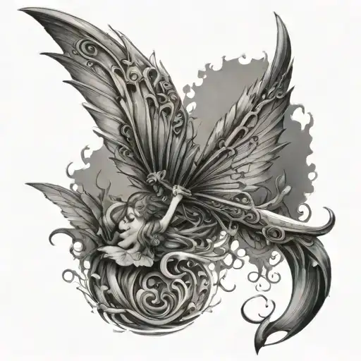 fairy wing w/ sword in the middle, ripples of water in between the upper & lower wing w/ mermaids on bottom/fairies top tattoo design idea