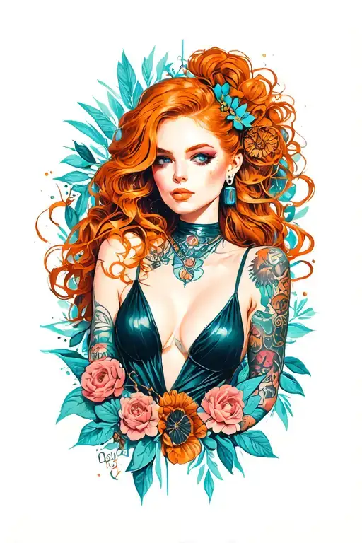cyberpunk pin up girl, ginger tattoo design idea