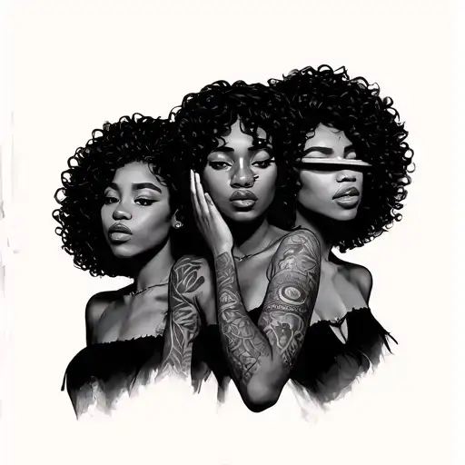 See No Evil Hear No Evil three women posing with curly hair and African features tattoo design idea