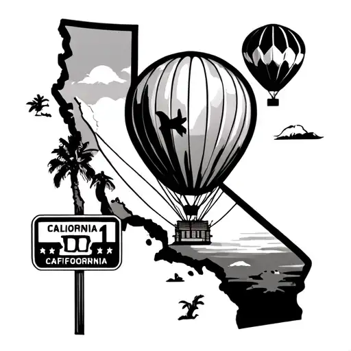 state of California outline with Hot air balloon floating and California state highway 1 sign visible.  tattoo design idea