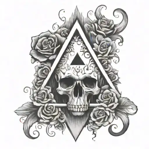 The number 666 above which there is fire, skulls in the fire, a triangle below the number, flowers in the triangle tattoo design idea