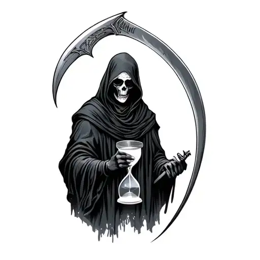 grim reaper holding an hourglass in left hand, scythe in right hand tattoo design idea
