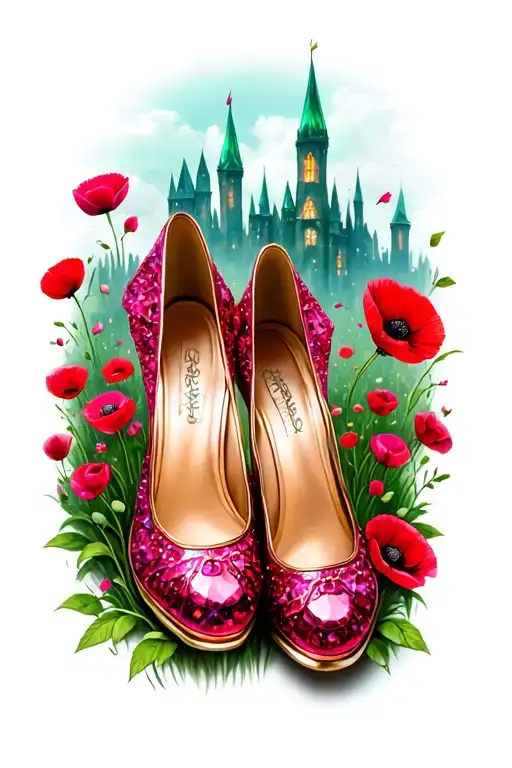  two sparkly ruby slippers wizard of oz with emerald city in background surrounded by poppies tattoo design idea