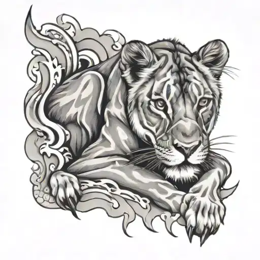 blanket of flames with contented  looking lioness laying on blanket  tattoo design idea