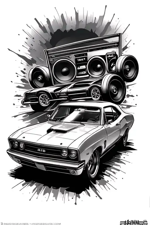 A tattoo for the upper arm for someone who loves cars, gym and audio tattoo design idea