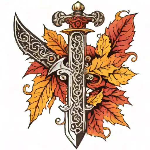 sword with black and red leaves growing around it in a elden ring style tattoo design idea