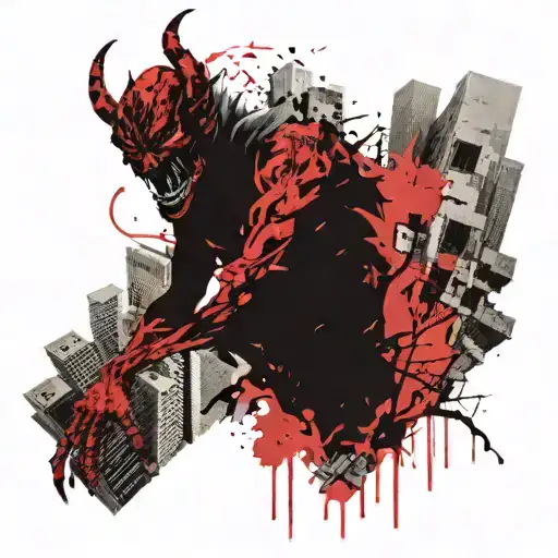 A demon emerging from between two collapsing skyscrapers that were hit by a Boeing 767 tattoo design idea