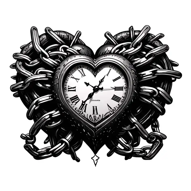 Heart clock chained tattoo design idea