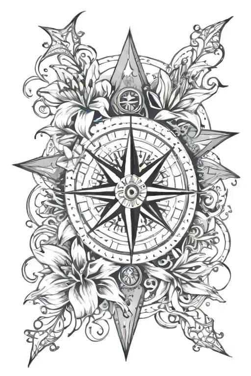 lillies with nautical star compass surrounded tattoo design idea