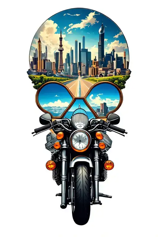 A collage of iconic landmarks from around the world, with a border of motorcycle parts and gear to reflect your love for motorcycles and travel tattoo design idea