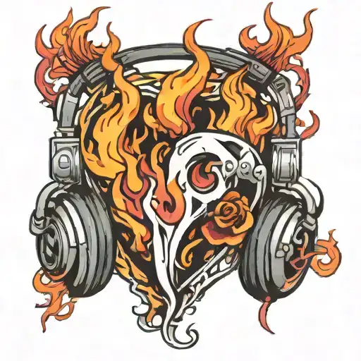 Neotraditional design of a flaming heart with DJ headphones and twin flame symbols intertwined tattoo design idea
