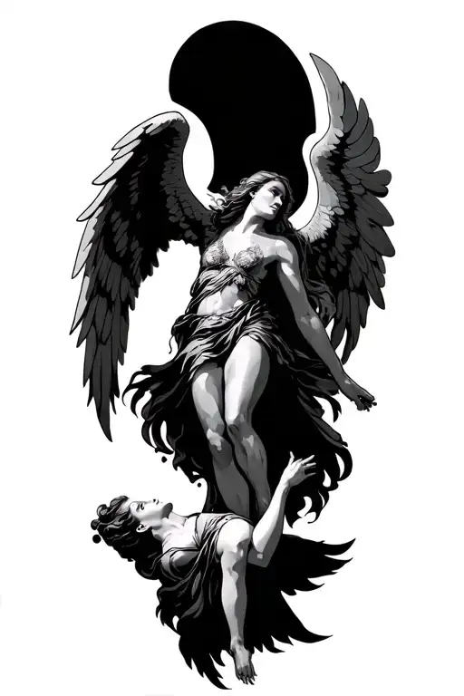 mast flying above like an angel while isis is below her falling like Icarus falling from the sky  tattoo design idea