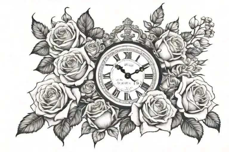 arm sleeve of 5 clocks with 3 roses and 2 crowns next to them with a Greek look  tattoo design idea