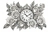 arm sleeve of 5 clocks with 3 roses and 2 crowns next to them with a Greek look  tattoo design idea