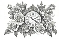 arm sleeve of 5 clocks with 3 roses and 2 crowns next to them with a Greek look  tattoo design idea