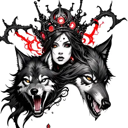 A gothic tattoo of a female figure with a mechanical crown, red glowing accents, and a snarling wolf in a highly detaile tattoo design idea