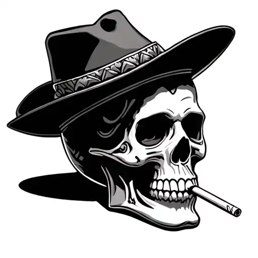 Mexican skull wearing a hat and with a cigarette in its mouth. tattoo design idea