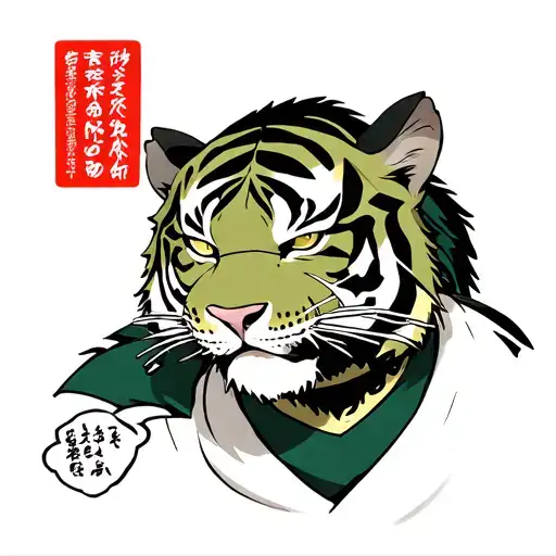 a tiger that looks likezoro one piece has white sores in mouth left eye is closed with a scar and is wearing a green ba  tattoo design idea