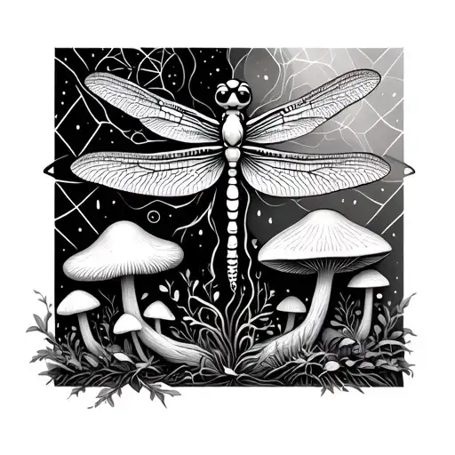 dragonfly sacred geometry tree and mushrooms growing tattoo design idea