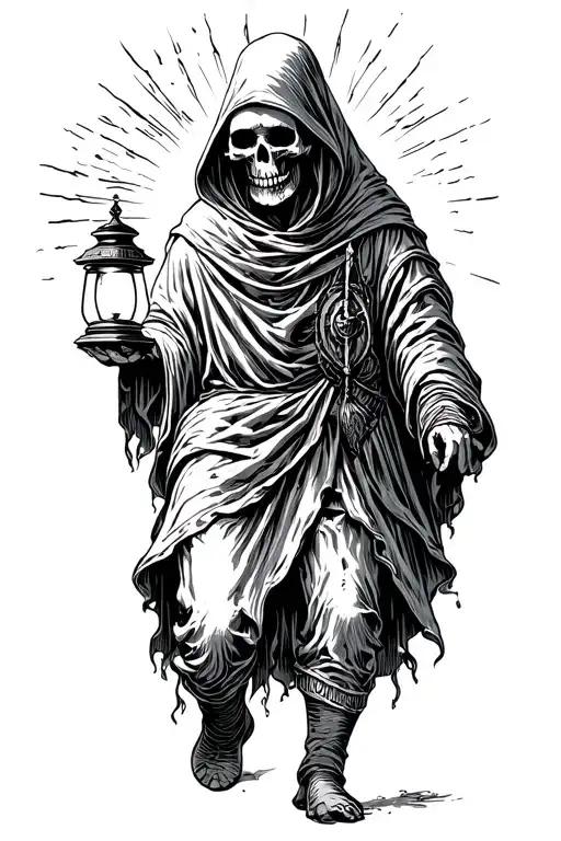 The hermit tarot walking sideways in darkness holding a lantern thats emitting light. Skull face cloaked in hood tattoo design idea
